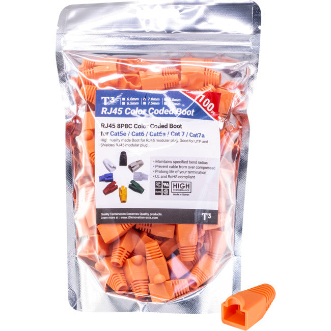 PTB70OR-100 7.0MM ORANGE RJ45 RUBBER BOOTS BAG OF 100 T3