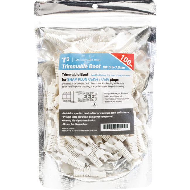 PK4095 7.5MM WHITE RJ45 RUBBER BOOT TRIMMABLE 5.5-7.0MM SNAP PK100 T3 2735WT-00-100AP