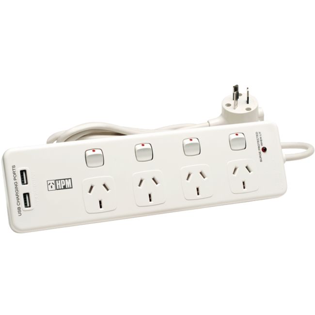 D104PAUSBWE 4 WAY SURGE POWERBOARD DUAL USB SWITCHED 14W17 HPM HPM D104PAUSBWE