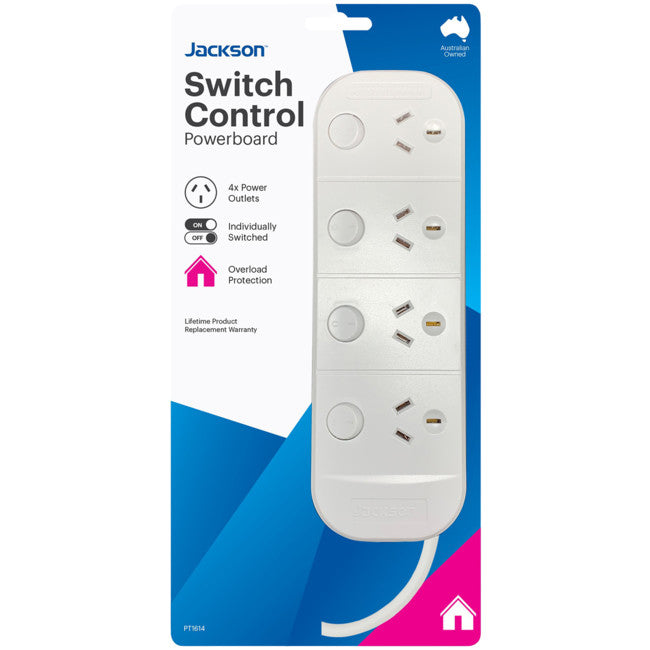 PT1614 - 4 OUTLET SWITCHED POWERBOARD - WHITE - JACKSON