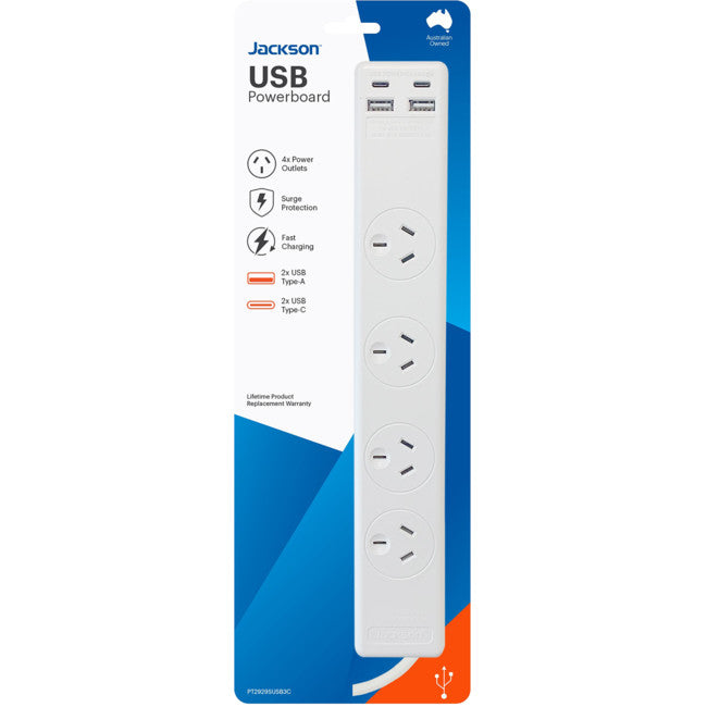 PT2929SUSB3C - 4 WAY SURGE POWERBOARD - WITH 2 X USB & 2 X USB-C PORTS - JACKSON
