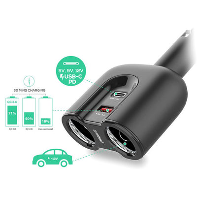 MBCHGRC28 DUAL PORT USB-C CAR CHARGER CIG SPLITTER PD QC MBEAT MB-CHGR-C28