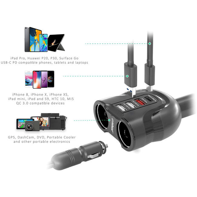 MBCHGRC38 4-PORT USB-C CAR CHARGER CIG SPLITTER PD QC MBEAT MB-CHGR-C38