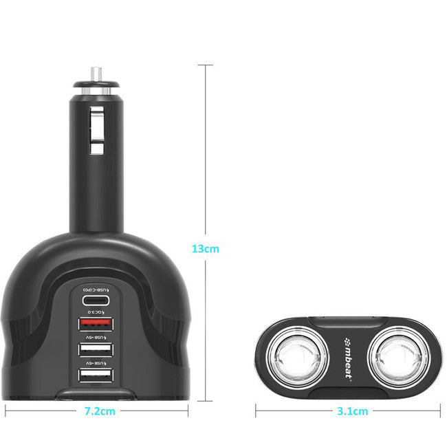 MBCHGRC38 4-PORT USB-C CAR CHARGER CIG SPLITTER PD QC MBEAT MB-CHGR-C38