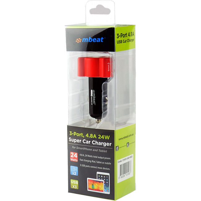 348RED 3 PORT 4.8AMP USB CIG CHARGER RED MBEAT CHGR-348-RED