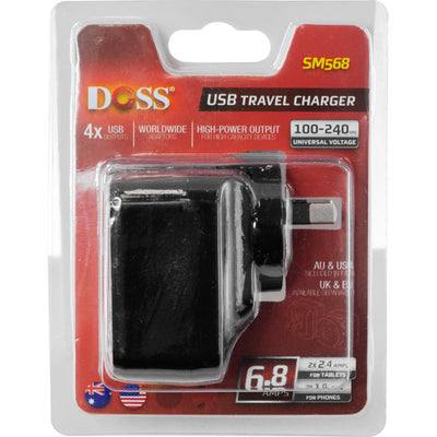 SM568B 5V 6.8A FOUR USB CHARGER BLACK INTERCHANGABLE TRAVEL ADAPTOR DOSS GPE034H