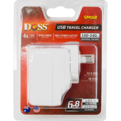 SM568W 5V 6.8A FOUR USB CHARGER WHITE INTERCHANGABLE TRAVEL ADAPTOR DOSS GPE034H
