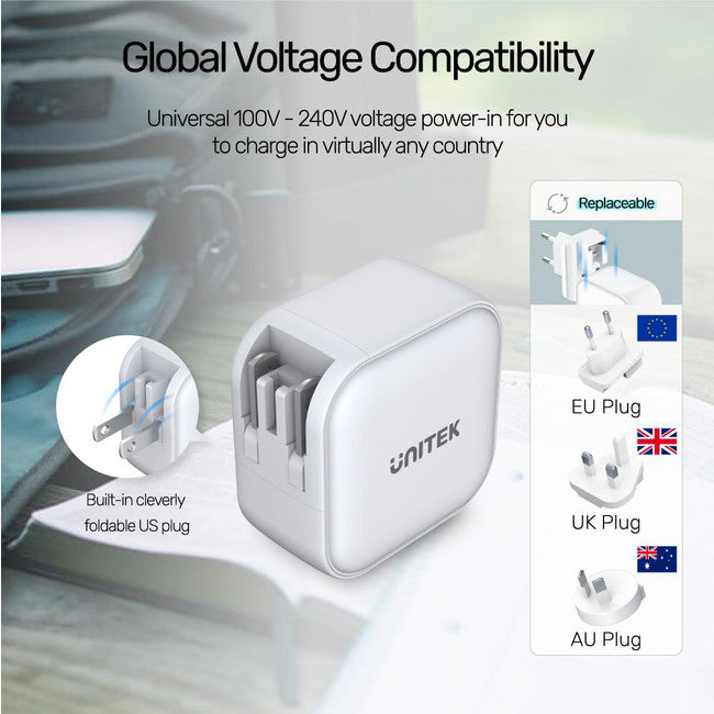 P1108AWH TRAVEL GaN 66W USB CHARGER WHITE UNITEK P1108AWH