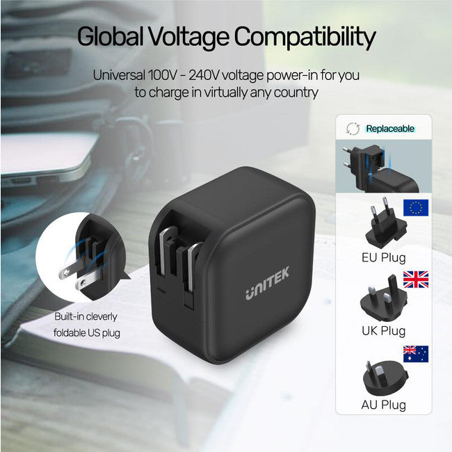 P1108ABK TRAVEL GaN 66W USB CHARGER BLACK UNITEK P1108ABK