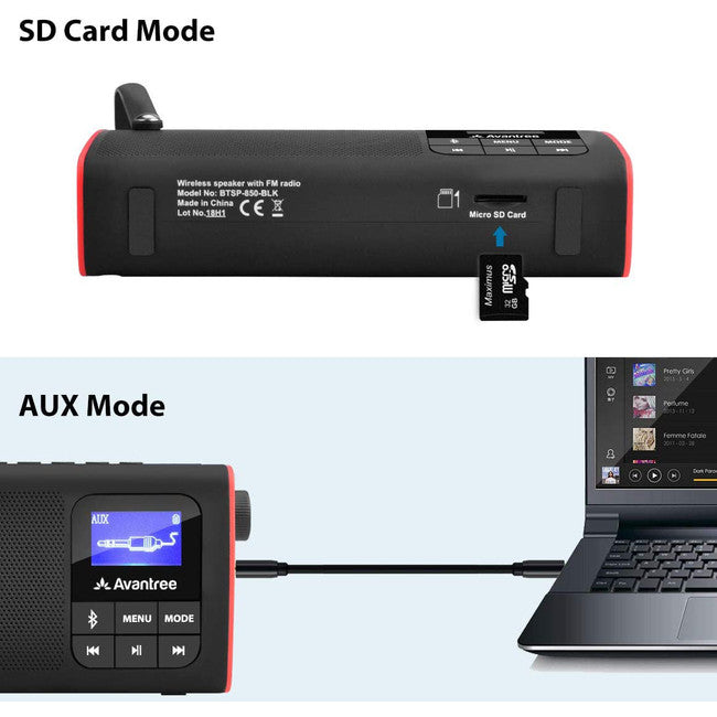 SP850 - BLUETOOTH PORTABLE FM RADIO - SPEAKER SD CARD LED BATTERY - AVANTREE