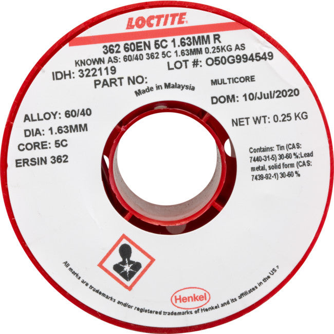 16250MCS 60/40 250G 1.63MM SOLDER 60% TIN, 40% LEAD - MULTICORE LOCTITE MC097