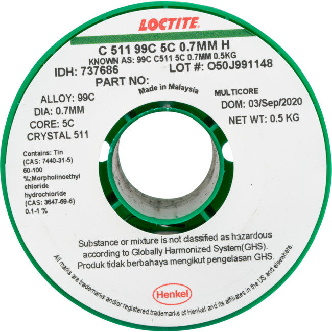 LF0.71-500G 0.71MM LEAD FREE SOLDER 500G 99% TIN, 1% COPPER - MULTICORE LOCTITE MC708