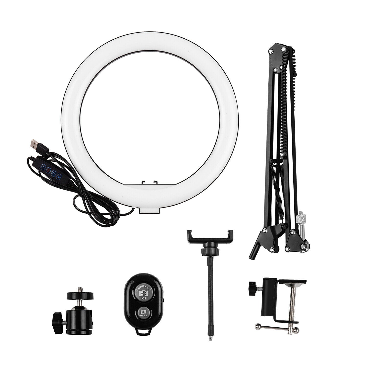 10" LED Ring Light + 1m Scissors Desk Boom Arm Stand + Phone Mount + Bluetooth Remote