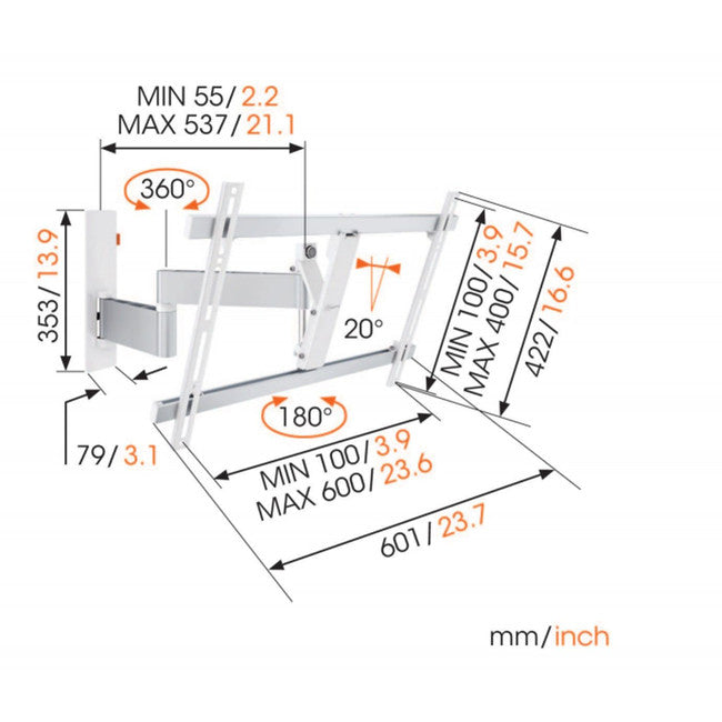 WALL3345W TILT/TURN 3 PIVOT 30KG  MOUNT 40"-65" MAX 600 X 400MM VESA VOGEL'S WALL3345W