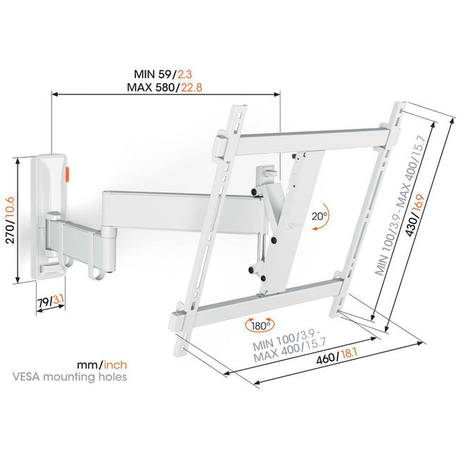 TVM3445W FULL MOTION 32-65" 25KG MOUNT 3 PIVOT -MAX VESA 400X400- WHT VOGEL'S TVM3445W