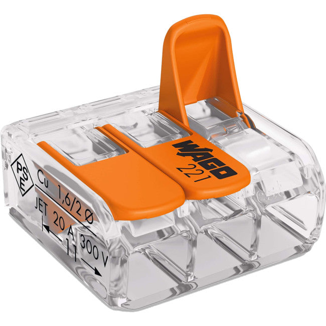 221-413 24-12 AWG 32A 3POLE TERMINAL CLEAR WAGO ORANGE LEVER NUTS WAGO 221-413