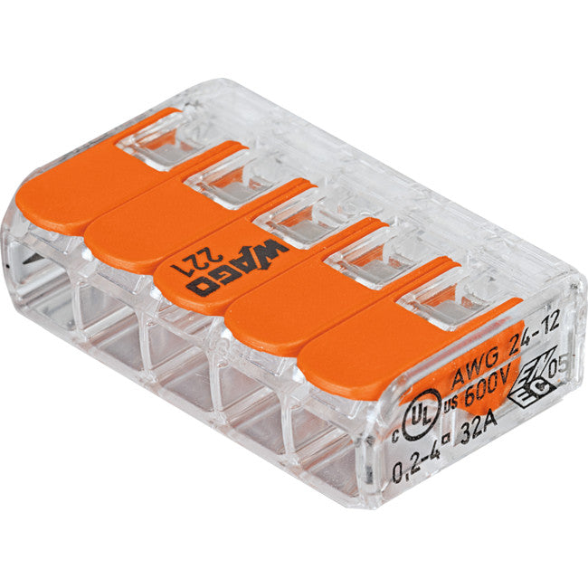 221-415 - 24-12 AWG 32A 5POLE TERMINAL - CLEAR WAGO ORANGE LEVER NUTS - WAGO