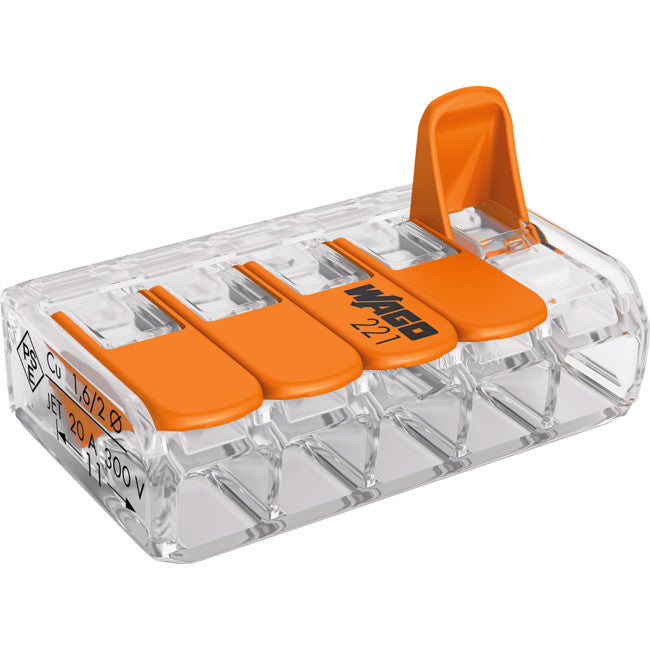 221-415 - 24-12 AWG 32A 5POLE TERMINAL - CLEAR WAGO ORANGE LEVER NUTS - WAGO