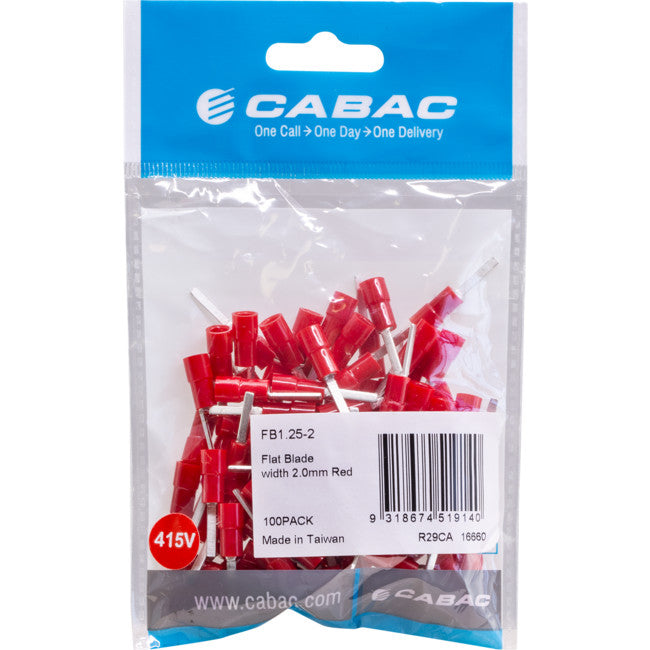 FB1.25-2-100 FLAT BLADE CONNECTOR RED 100PK WIRE RANGE 0.5 - 1MM SQUARED FB1.25-2-100
