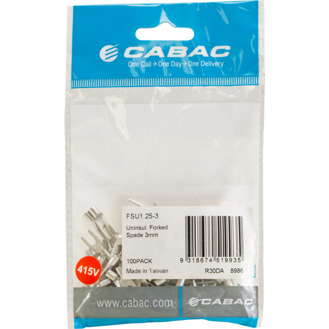FSU1.25-3-100 3MM FORK UNINSULATED SPADE TERMINAL 100PK WIRE 0.5 - 1MM2 FSU1.25-3-100