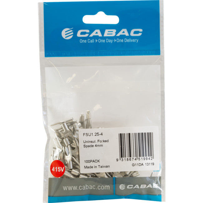 FSU1.25-4-100 4MM FORK UNINSULATED SPADE TERMINAL 100PK WIRE 0.5 - 1MM2 FSU1.25-4-100