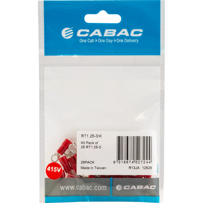 RT1.25-3K-25 RING TERMINALS RED 3MM STUD 25PK WIRE RANGE 0.5-1MM SQUARE RT1.25-3/K-25