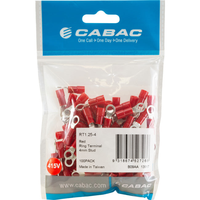 RT1.25-4-100 RING TERMINALS RED 4MM STUD 100PK WIRE RANGE .5-1MM SQUARE RT1.25-4-100