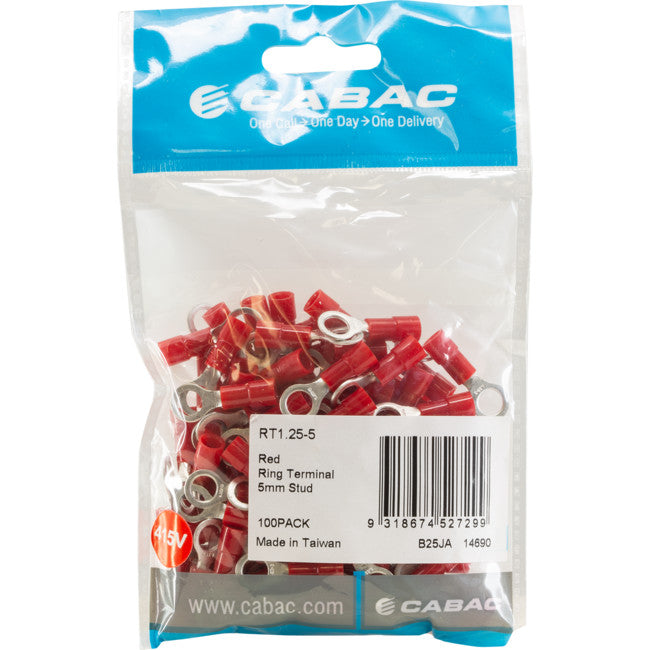 RT1.25-5-100 RING TERMINALS RED 5MM STUD 100PK WIRE RANGE .5-1MM SQUARE RT1.25-5