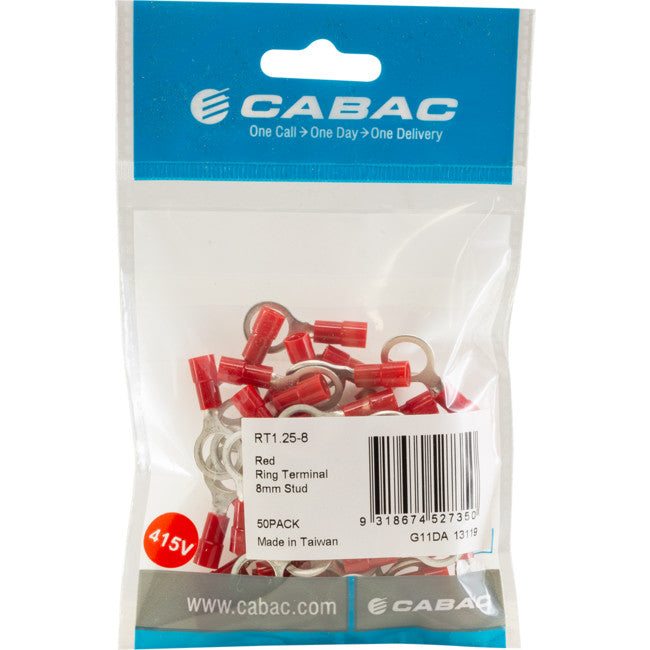 RT1.25-8-50 RING TERMINALS RED 8MM STUD 50PK WIRE RANGE .5-1MM SQUARE RT1.25-8-50