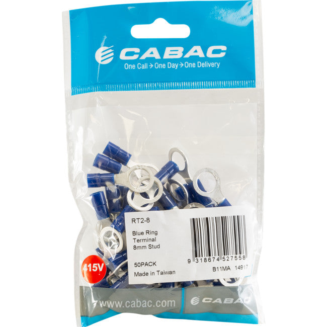 RT2-8-50 RING TERMINALS BLUE 8MM STUD 50PK WIRE RANGE 1-2.5MM SQUARE RT2-8-50