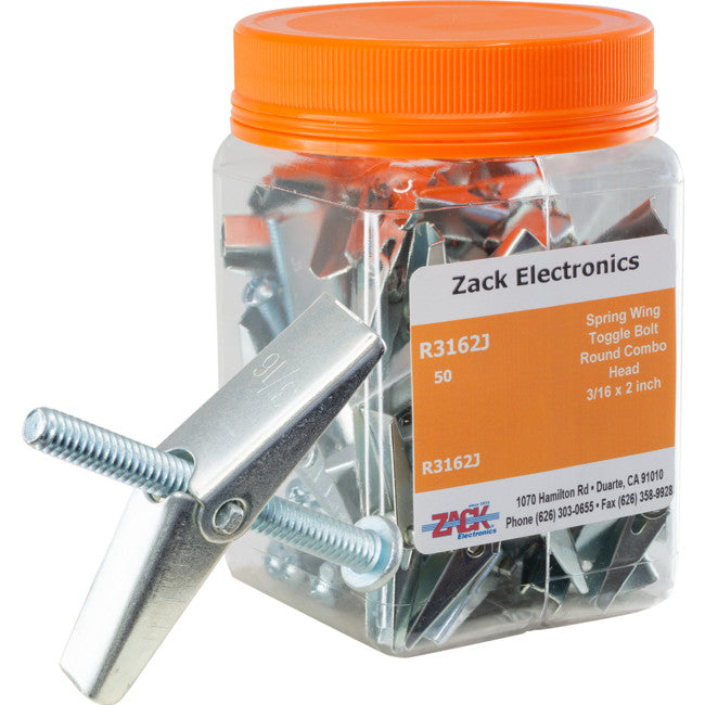 R3162J-50 SPRING WING TOGGLE BOLT COMBO 3/16 X2" BOLT ROUND HEAD 50PK ZACK R3162J-50