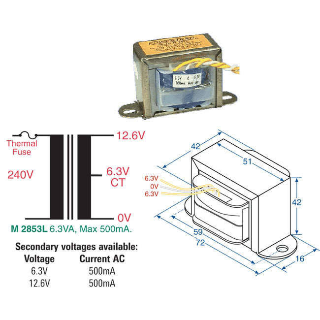 M2853L 12.6V 500MA MAINS TRANSFORMER 6.3VA CT - CENTRE TAPPED M2853L