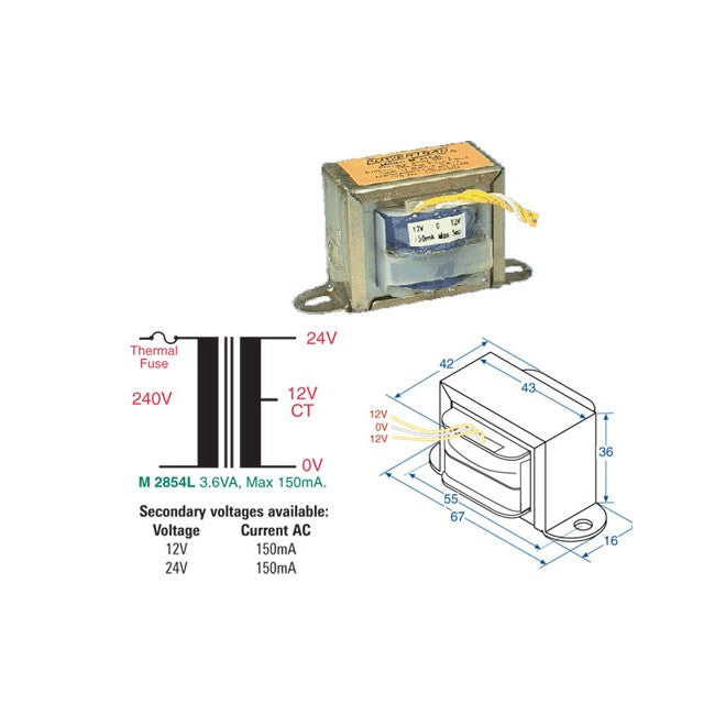 M2854L 24V 150MA MAINS TRANSFORMER 3.6VA CT - CENTRE TAPPED M2854L