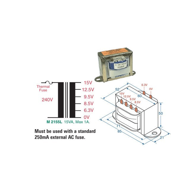 M2155L 6.3V- 15V 1A MAINS TRANSFORMER 15VA MULTIPLE TAPPED VOLTAGES M2155L