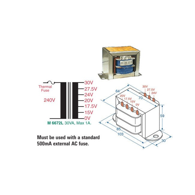 M6672L 15V- 30V 1A MAINS TRANSFORMER 30VA MULTIPLE TAPPED VOLTAGES M6672L