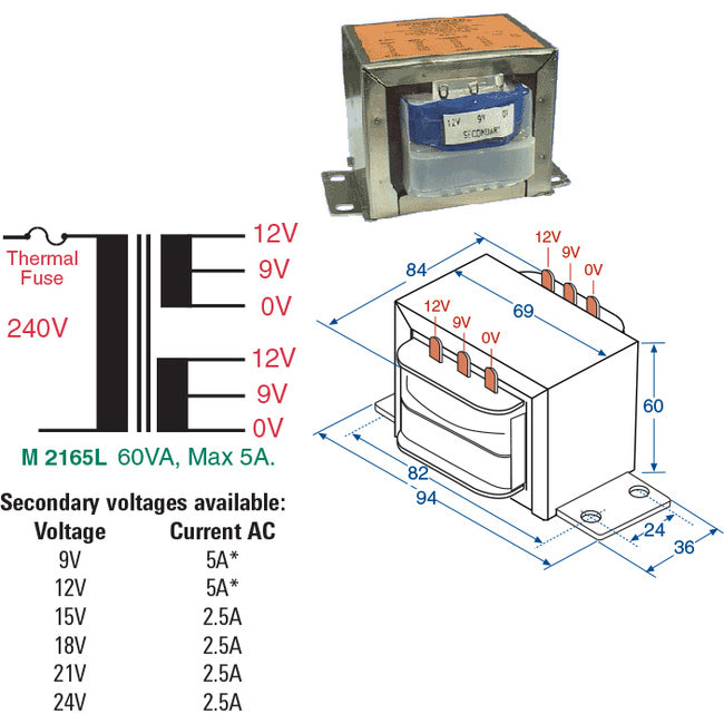 M2165L 9V- 24V 2.5A MAINS TRANSFORMER 60VA MULTIPLE TAPPED VOLTAGES M2165L