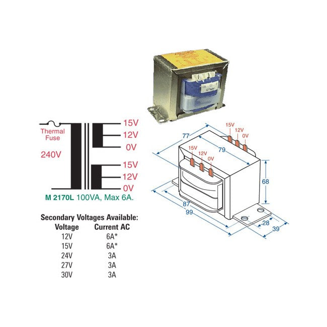 M2170L 12V- 30V 3A MAINS TRANSFORMER 100VA MULTIPLE TAPPED VOLTAGES M2170L