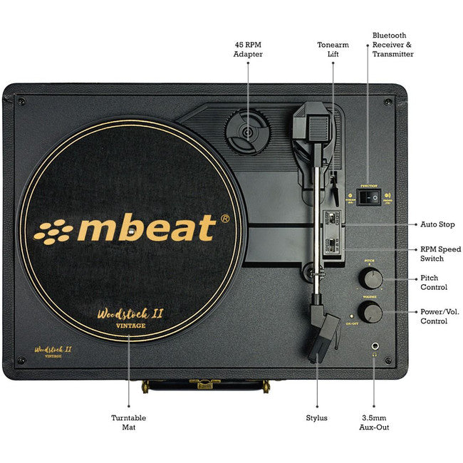 TR96BLK VINTAGE TURNTABLE WITH BT BLACK WOODSTOCK II MBEAT MB-TR96BLK