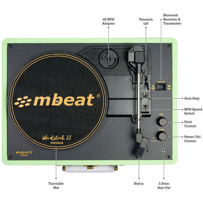 TR96TGN VINTAGE TURNTABLE WITH BT GREEN WOODSTOCK II MBEAT MB-TR96TGN