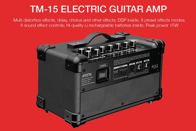 Aroma Tm15Bk 15W Black Electric Guitar Amplifier Rechargeable Multi-Effects Bluetooth