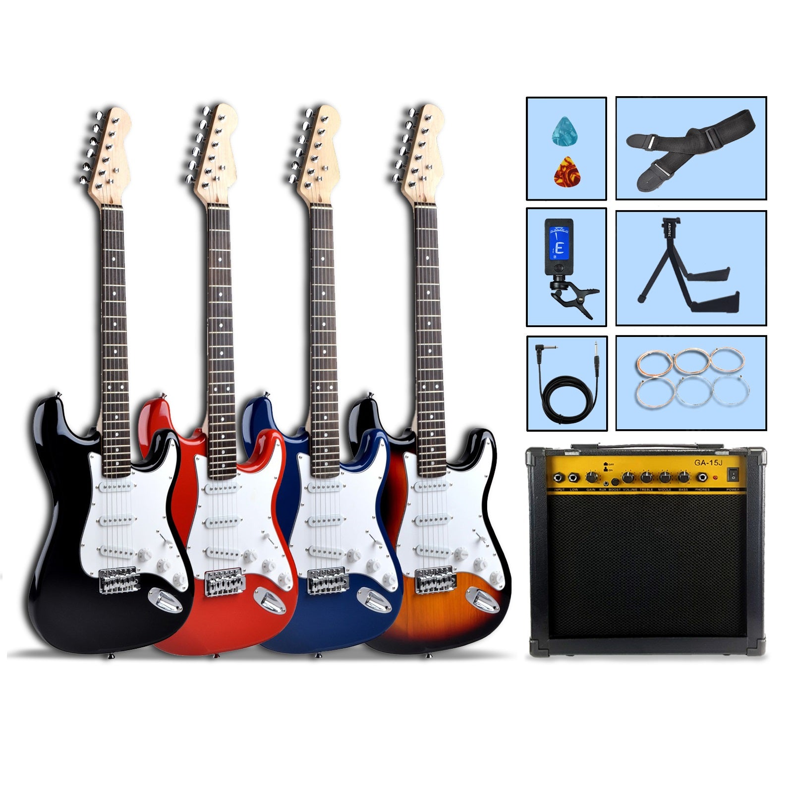 Electric Guitar Strat Style & Optional Accessories Package 4 Colours With Amplifier Stand Rechargeable Tuner Cable Strap Strings Pics