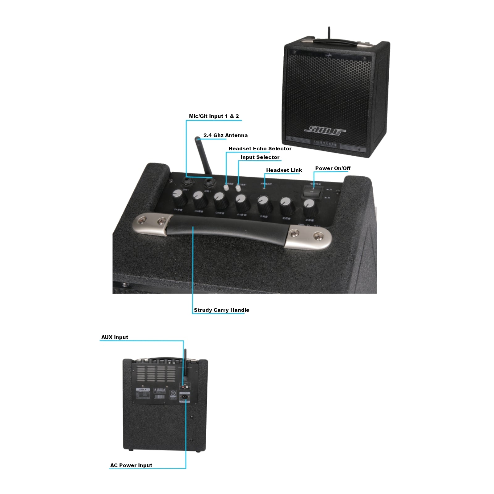 PA Speaker + 2.4 GHz Wireless Mic Headset + Optional Single or Dual Wireless Microphones AUX mp3