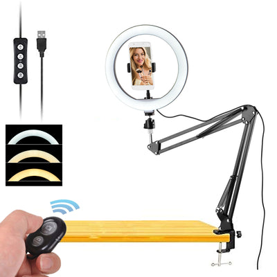 10" LED Ring Light + 1m Scissors Desk Boom Arm Stand + Phone Mount + Bluetooth Remote