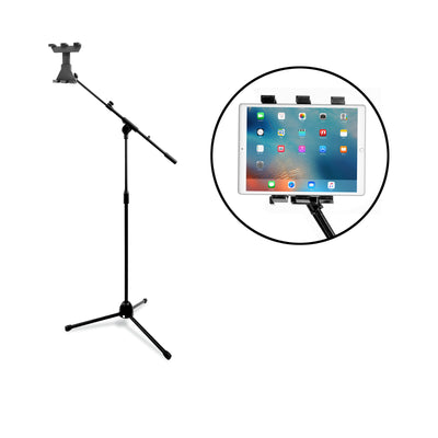 2 in 1 Tablet Tripod Floor Stand with Telescopic Boom Arm and 360° Mount Holder Clamp