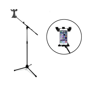 2 in 1 Tablet Tripod Floor Stand with Telescopic Boom Arm and 360° Mount Holder Clamp