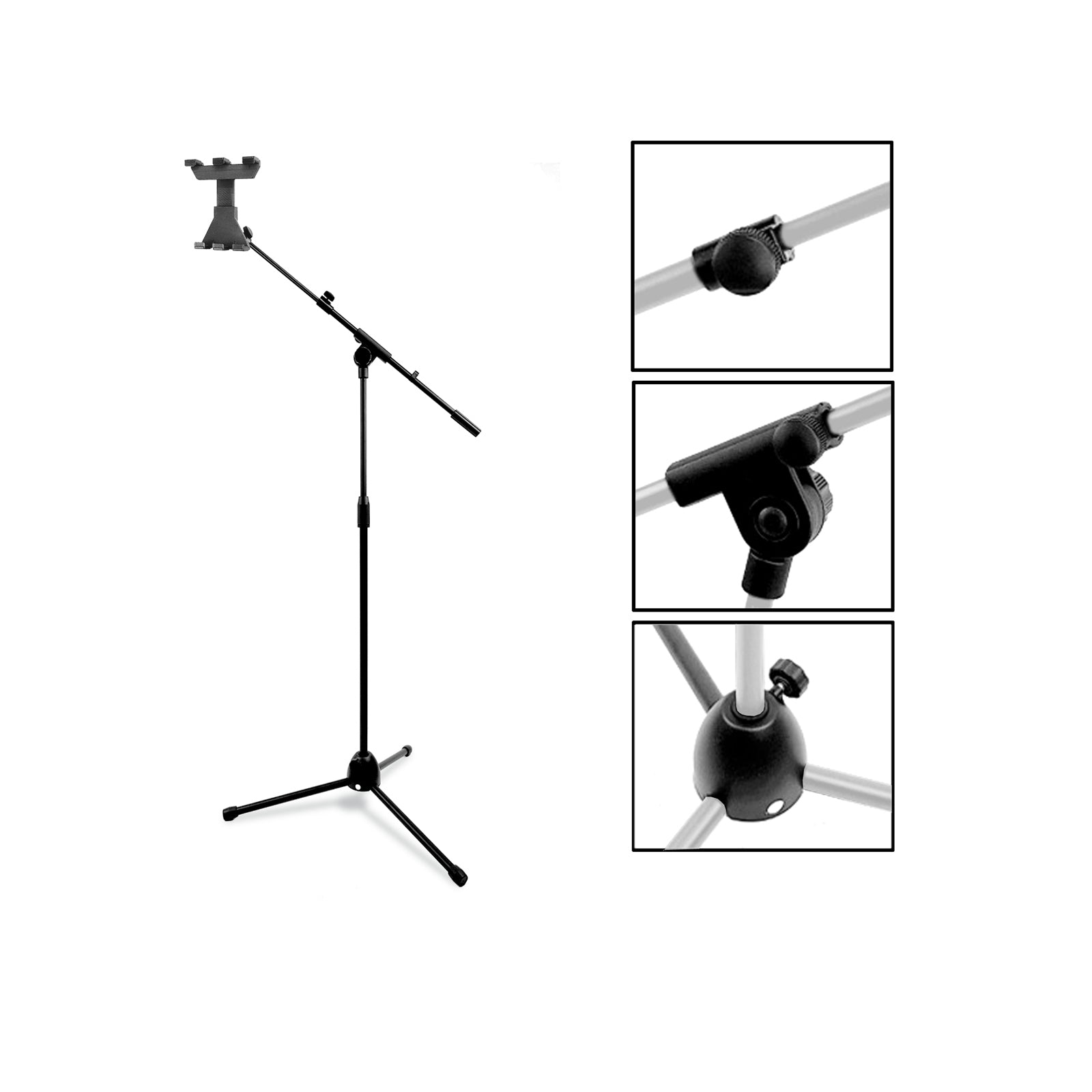 2 in 1 Tablet Tripod Floor Stand with Telescopic Boom Arm and 360° Mount Holder Clamp
