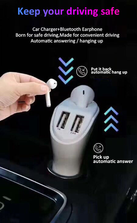 Bluetooth Earbud Headset with Dual Port USB Car Charger 3.1A V5.0 Handsfree Car Kit