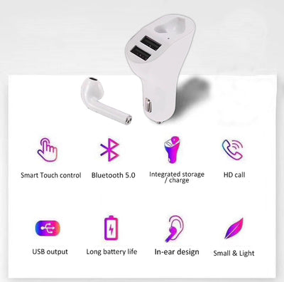 Bluetooth Earbud Headset with Dual Port USB Car Charger 3.1A V5.0 Handsfree Car Kit