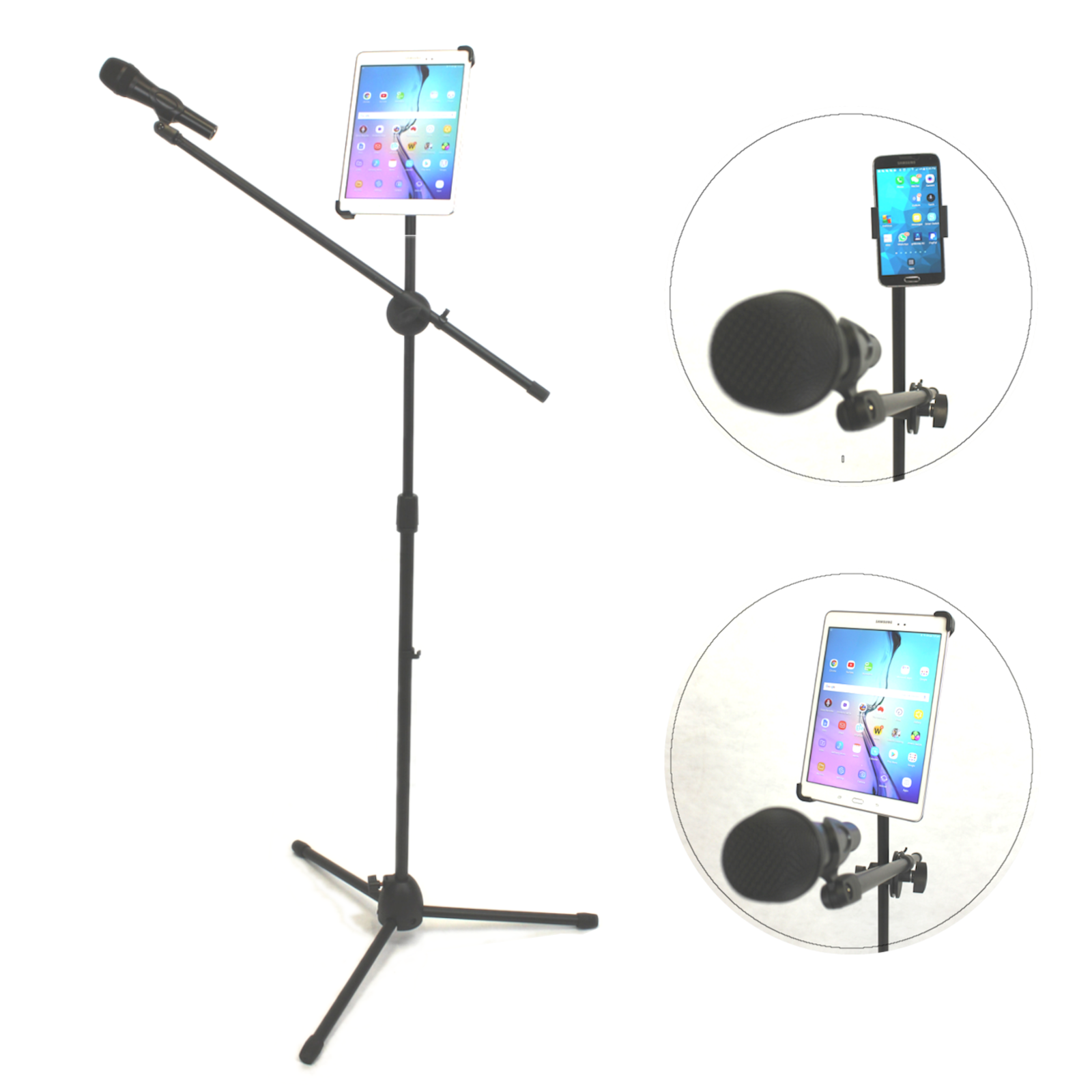 Microphone Stand with Tablet and Phone Mount Holder Attachment Combo + Optional Microphone