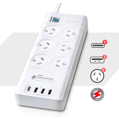 6 Outlet USB-A & USB-C Powerboard SANSAI PAD-8066